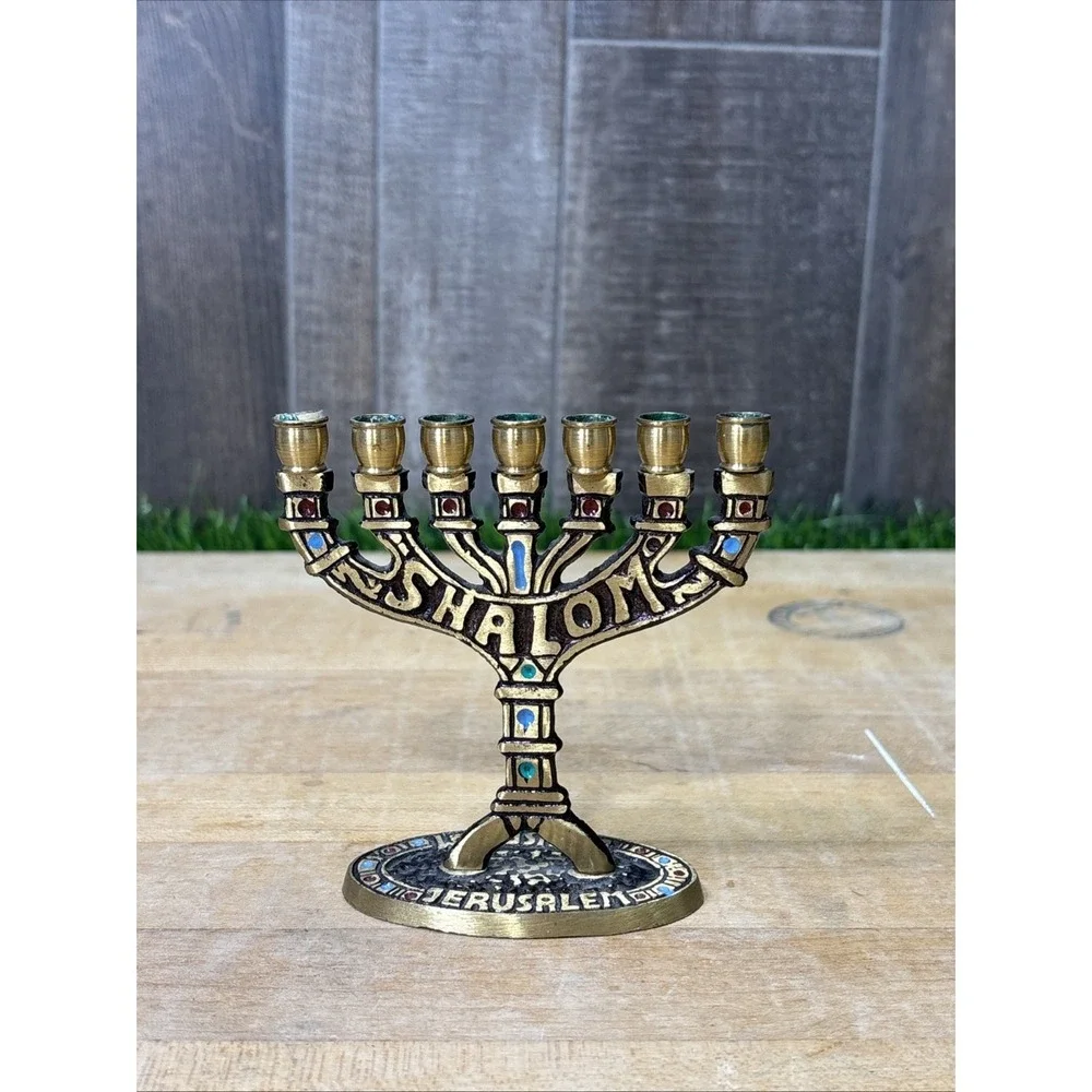 Vintage Brass Shalom Jerusalem 7 Branch Menorah Judaica Candle Holder Enamel